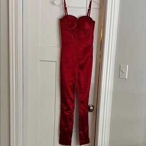 bebe Red Satin Bustier Jumpsuit with Slim Legs